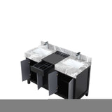 Zilara Black and Grey Freestanding Bathroom Vanity With Castle Grey Marble Tops, White Square Sinks, and Monte Chrome Faucet Set