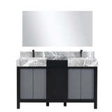 Zilara 55" Black and Grey Double Vanity, Castle Grey Marble Tops, White Square Sinks, Balzani Gun Metal Faucet Sets, and 53" Frameless Mirror