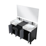 Zilara 55" Black and Grey Double Vanity, Castle Grey Marble Tops, White Square Sinks, Balzani Gun Metal Faucet Sets, and 53" Frameless Mirror
