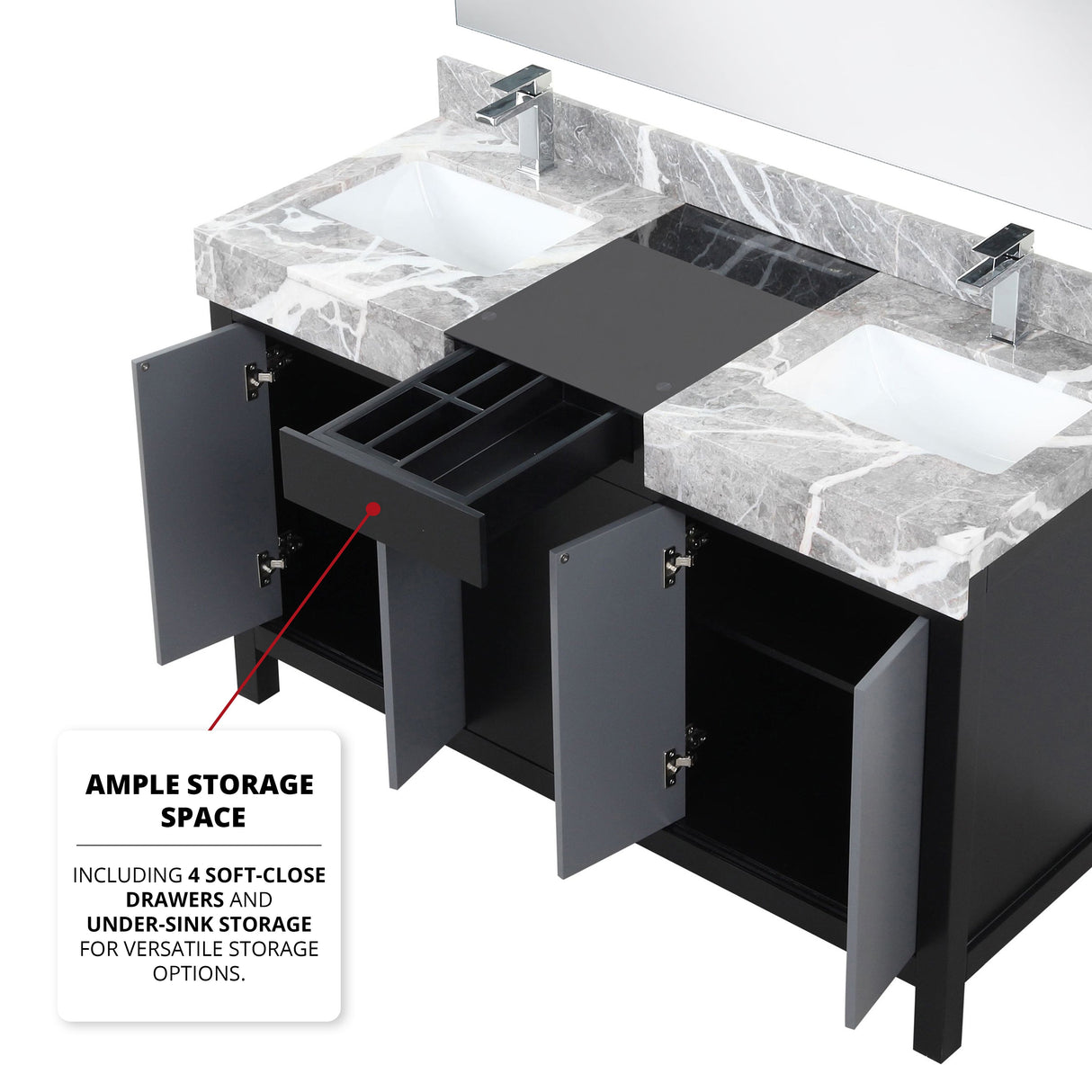 Zilara Black and Grey Freestanding Bathroom Vanity With Castle Grey Marble Tops, White Square Sinks, and Balzani Gun Metal Faucet Set