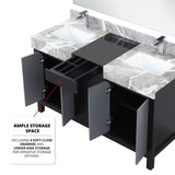 Zilara Black and Grey Freestanding Bathroom Vanity With Castle Grey Marble Tops, White Square Sinks, and Balzani Gun Metal Faucet Set