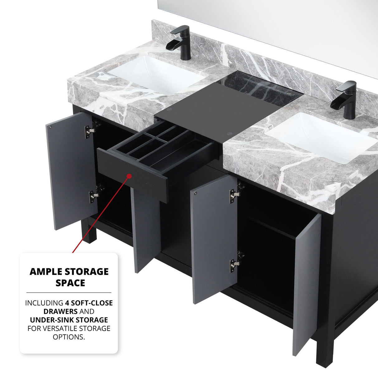 Zilara Black and Grey Freestanding Bathroom Vanity With Castle Grey Marble Tops, White Square Sinks, and Cascata Nera Matte Black Faucet Set