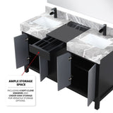 Zilara Black and Grey Freestanding Bathroom Vanity With Castle Grey Marble Tops, White Square Sinks, and Cascata Nera Matte Black Faucet Set