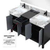 Zilara 55 in. Black and Grey  Freestanding Bathroom Vanity With Castle Grey Marble Tops, White Square Sinks, and Cascata Nera Matte Black Faucet Set