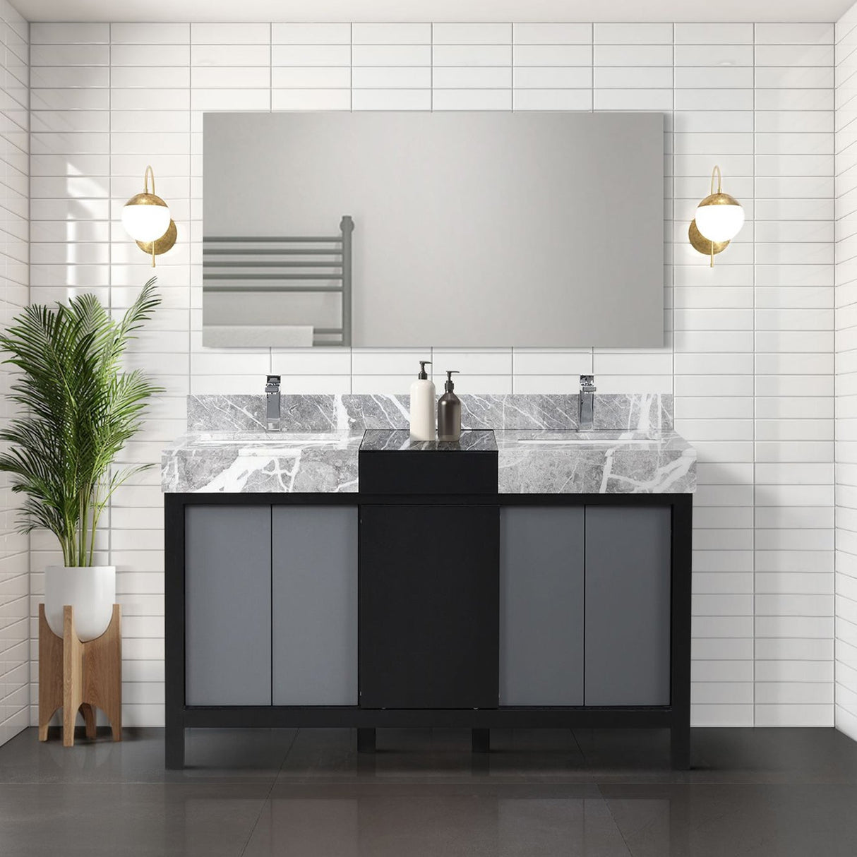 Zilara Black and Grey Freestanding Bathroom Vanity With Castle Grey Marble Tops, and White Square Sinks