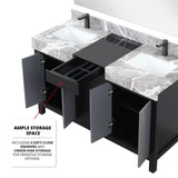Zilara 55 in. Black and Grey  Freestanding Bathroom Vanity With Castle Grey Marble Tops, White Square Sinks, and Monte Chrome Faucet Set