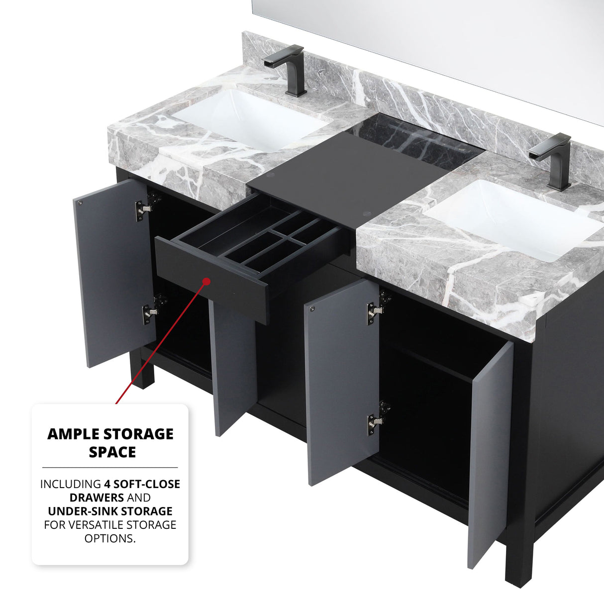 Zilara Black and Grey Freestanding Bathroom Vanity With Castle Grey Marble Tops, White Square Sinks, and Monte Chrome Faucet Set