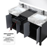 Zilara Black and Grey Freestanding Bathroom Vanity With Castle Grey Marble Tops, White Square Sinks, and Monte Chrome Faucet Set