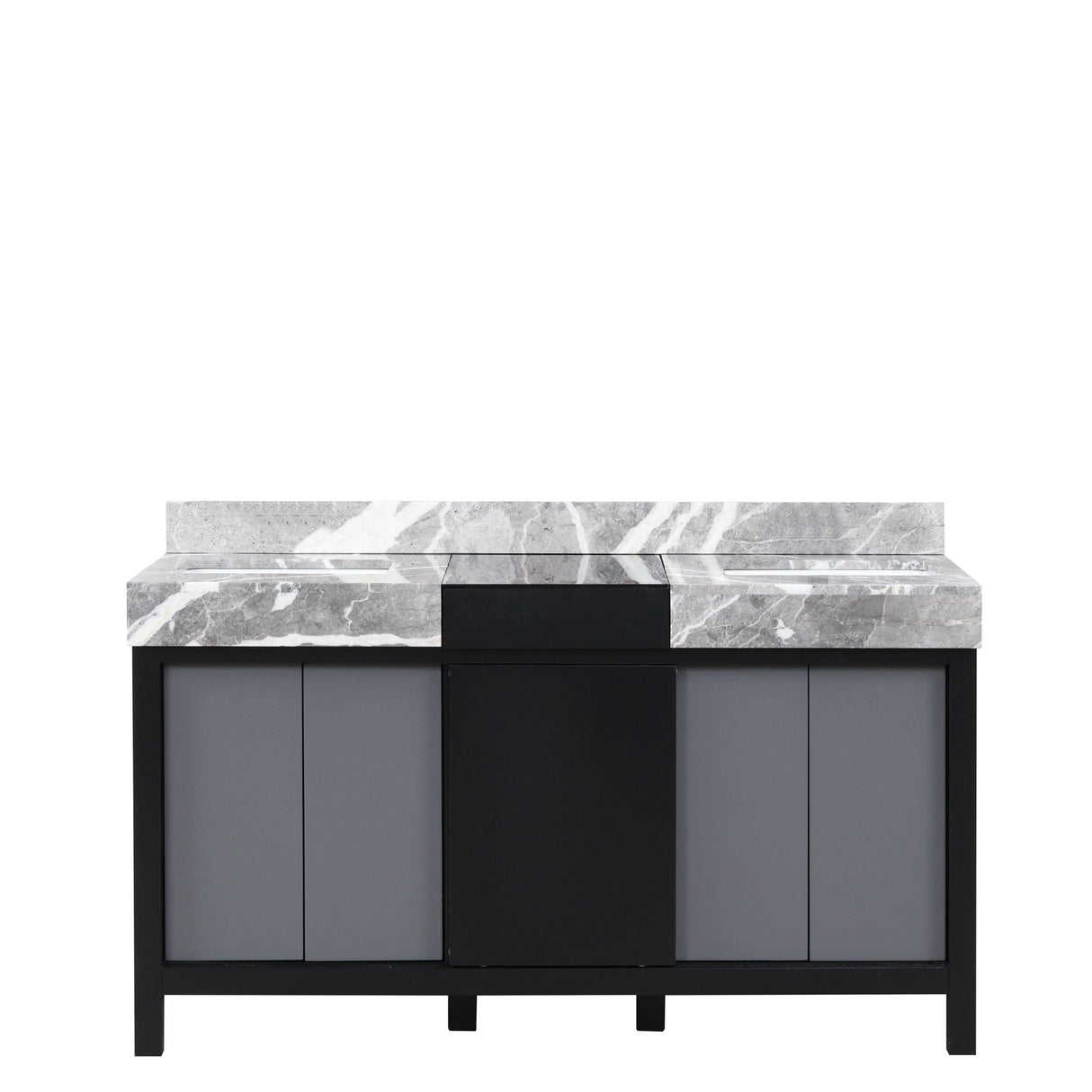 Zilara Black and Grey Freestanding Bathroom Vanity With Castle Grey Marble Tops, and White Square Sinks