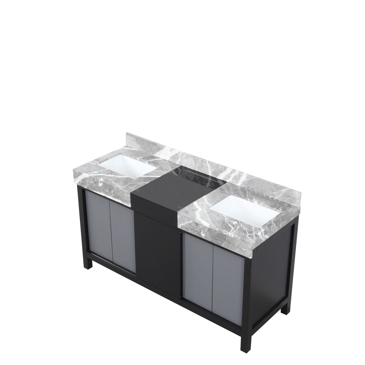 Zilara Black and Grey Freestanding Bathroom Vanity With Castle Grey Marble Tops, and White Square Sinks