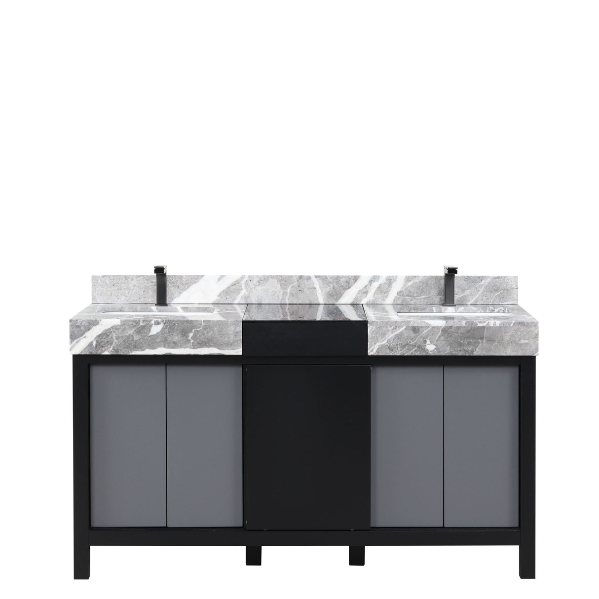 Zilara 60 in. Black and Grey  Freestanding Bathroom Vanity With Castle Grey Marble Tops, White Square Sinks, and Balzani Gun Metal Faucet Set