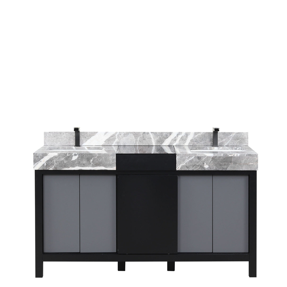 Zilara Black and Grey Freestanding Bathroom Vanity With Castle Grey Marble Tops, White Square Sinks, and Balzani Gun Metal Faucet Set