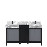 Zilara Black and Grey Freestanding Bathroom Vanity With Castle Grey Marble Tops, White Square Sinks, and Balzani Gun Metal Faucet Set