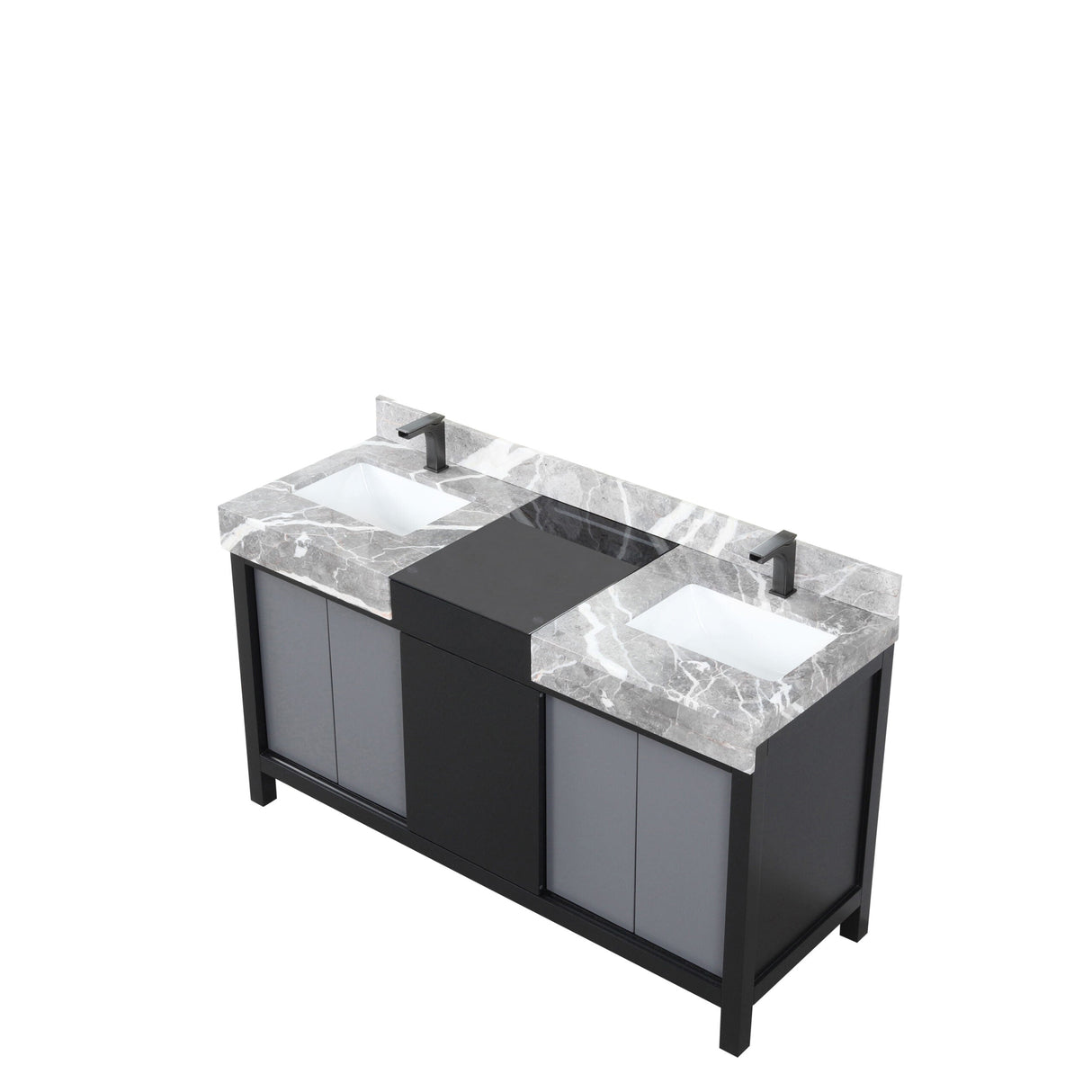 Zilara Black and Grey Freestanding Bathroom Vanity With Castle Grey Marble Tops, White Square Sinks, and Balzani Gun Metal Faucet Set