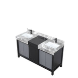 Zilara Black and Grey Freestanding Bathroom Vanity With Castle Grey Marble Tops, White Square Sinks, and Balzani Gun Metal Faucet Set