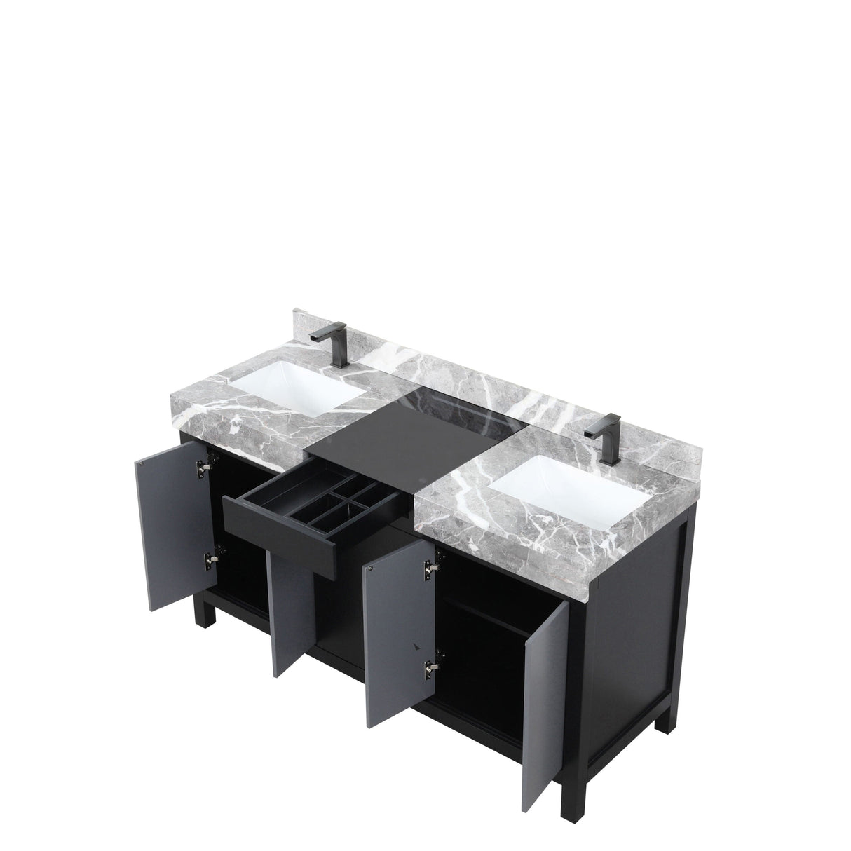 Zilara Black and Grey Freestanding Bathroom Vanity With Castle Grey Marble Tops, White Square Sinks, and Balzani Gun Metal Faucet Set