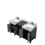 Zilara Black and Grey Freestanding Bathroom Vanity With Castle Grey Marble Tops, White Square Sinks, and Balzani Gun Metal Faucet Set