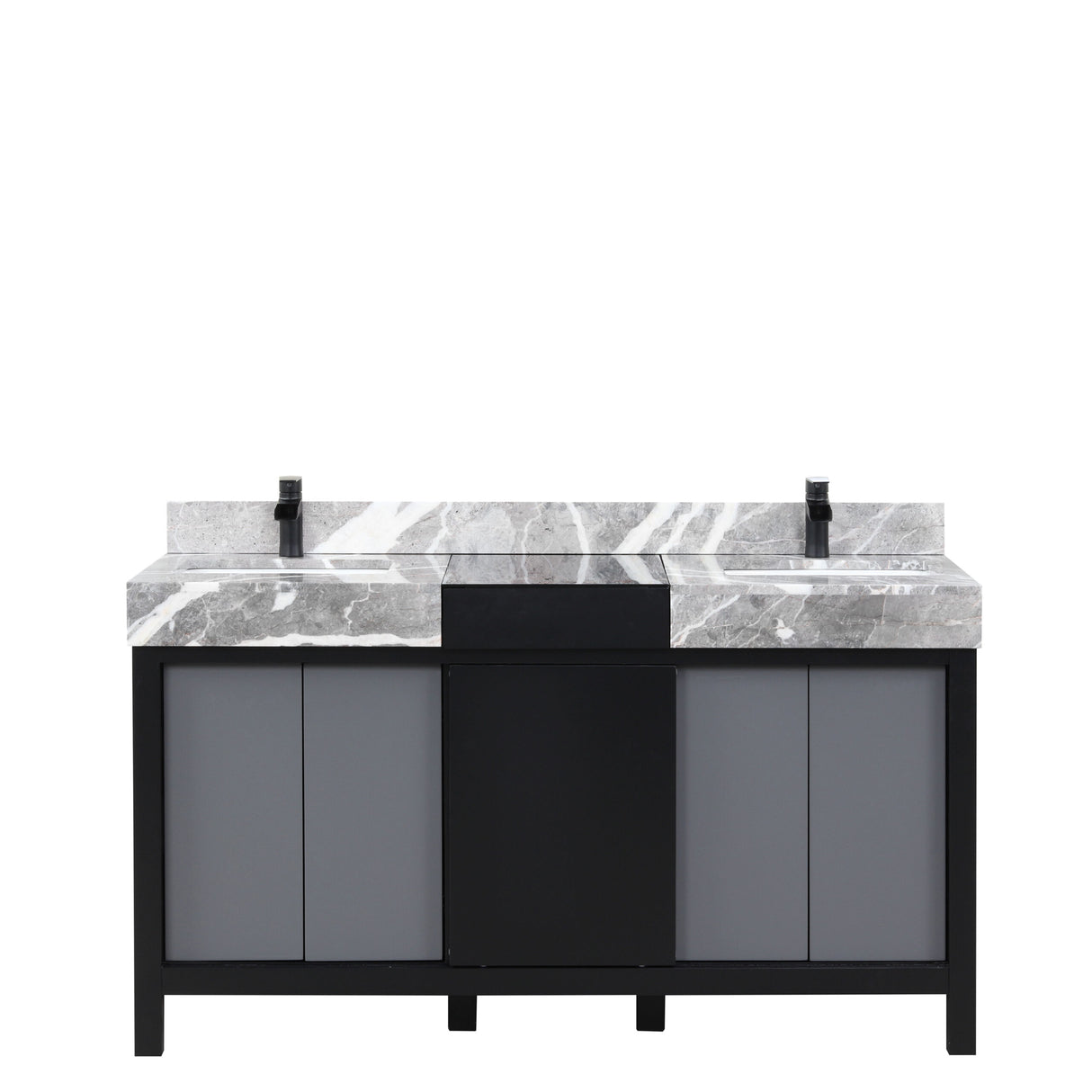 Zilara 60 in. Black and Grey  Freestanding Bathroom Vanity With Castle Grey Marble Tops, White Square Sinks, and Cascata Nera Matte Black Faucet Set