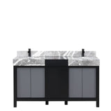 Zilara 60 in. Black and Grey  Freestanding Bathroom Vanity With Castle Grey Marble Tops, White Square Sinks, and Cascata Nera Matte Black Faucet Set