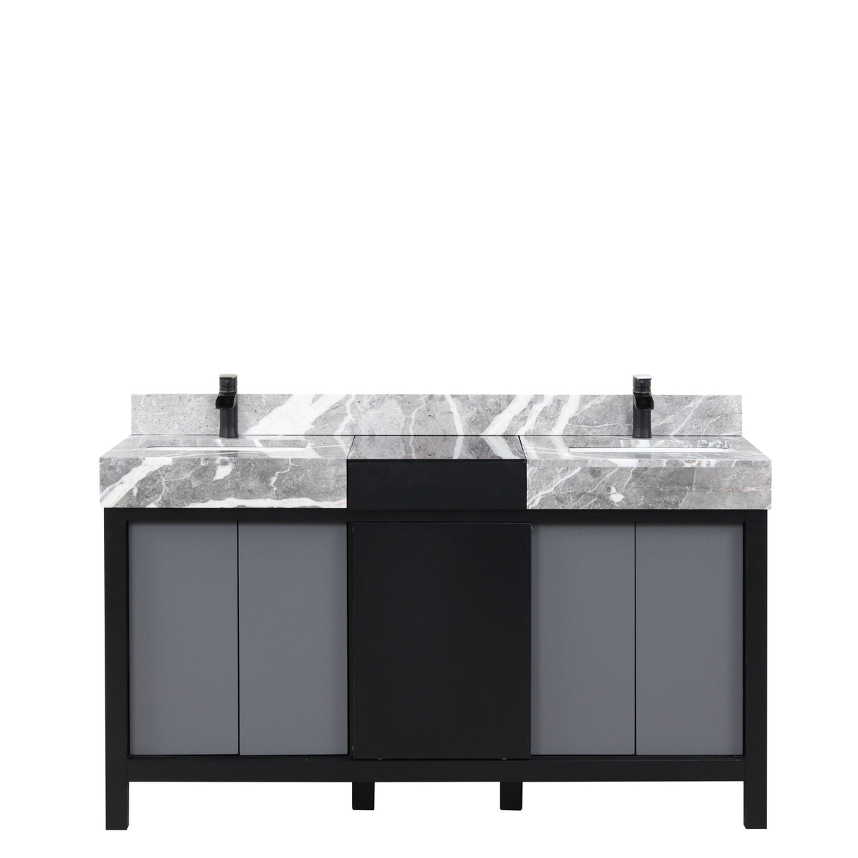 Zilara Black and Grey Freestanding Bathroom Vanity With Castle Grey Marble Tops, White Square Sinks, and Cascata Nera Matte Black Faucet Set
