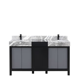 Zilara Black and Grey Freestanding Bathroom Vanity With Castle Grey Marble Tops, White Square Sinks, and Cascata Nera Matte Black Faucet Set