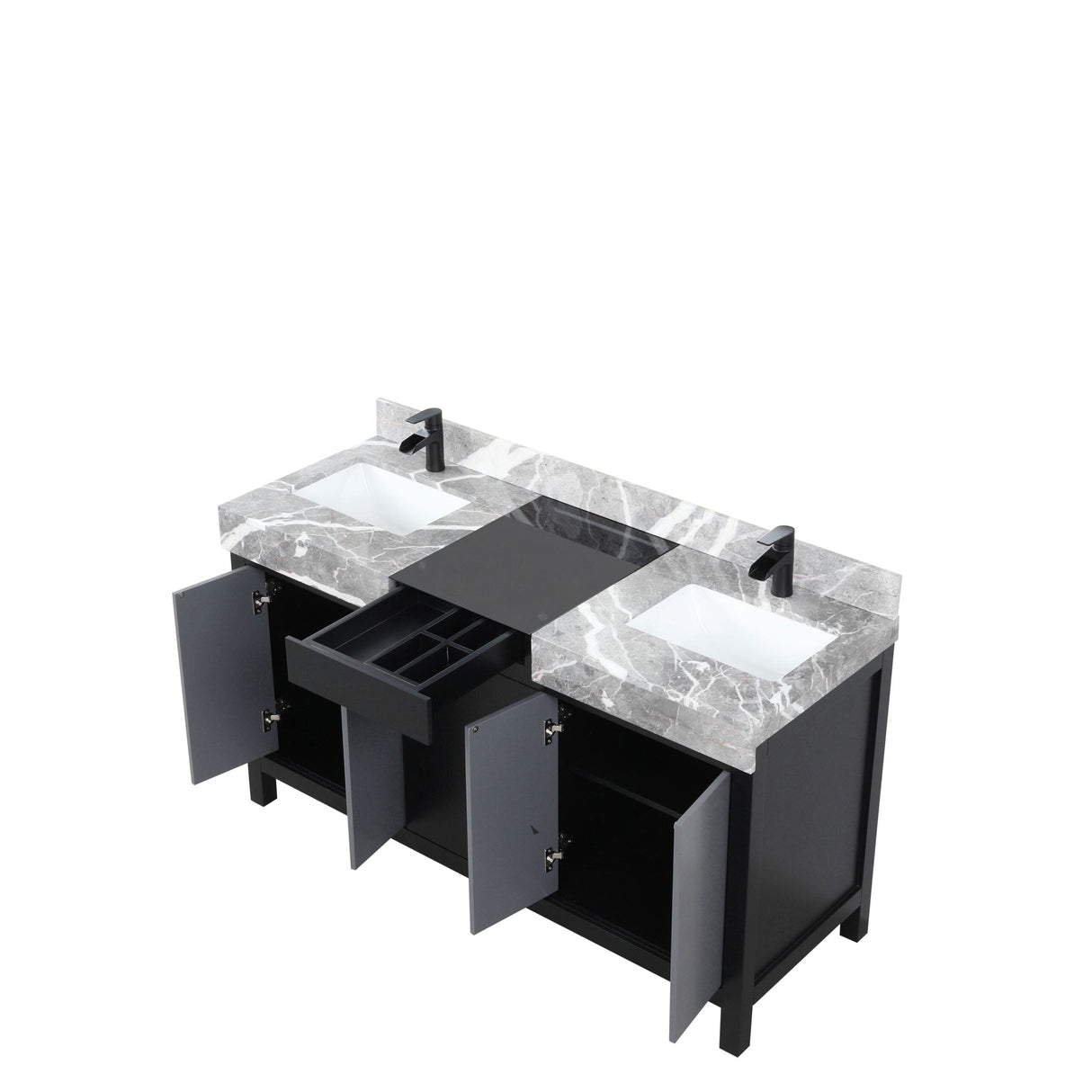 Zilara Black and Grey Freestanding Bathroom Vanity With Castle Grey Marble Tops, White Square Sinks, and Cascata Nera Matte Black Faucet Set