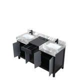 Zilara Black and Grey Freestanding Bathroom Vanity With Castle Grey Marble Tops, White Square Sinks, and Cascata Nera Matte Black Faucet Set