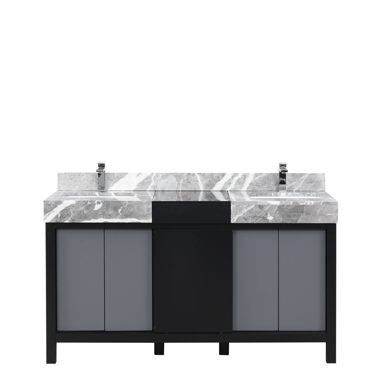 Zilara Black and Grey Freestanding Bathroom Vanity With Castle Grey Marble Tops, White Square Sinks, and Monte Chrome Faucet Set