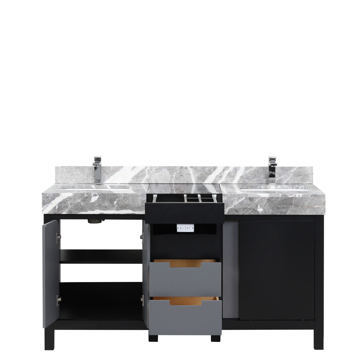 Zilara 60 in. Black and Grey  Freestanding Bathroom Vanity With Castle Grey Marble Tops, White Square Sinks, and Monte Chrome Faucet Set