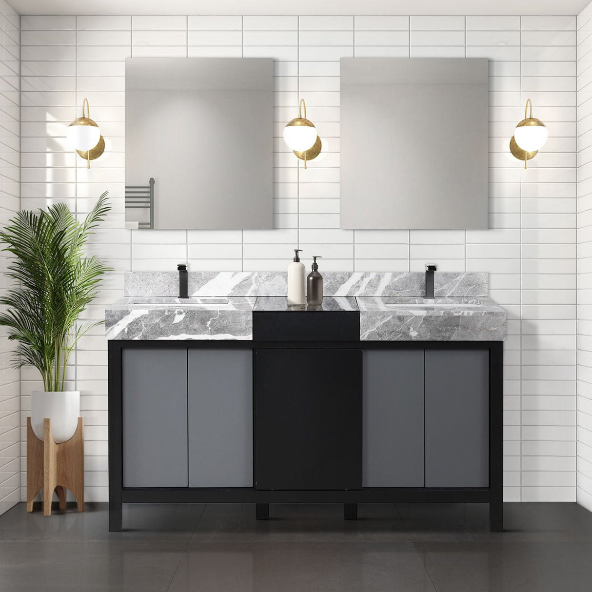 Zilara Black and Grey Freestanding Bathroom Vanity With Castle Grey Marble Tops, White Square Sinks, and Balzani Gun Metal Faucet Set