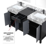 Zilara 60 in. Black and Grey  Freestanding Bathroom Vanity With Castle Grey Marble Tops, White Square Sinks, and Balzani Gun Metal Faucet Set