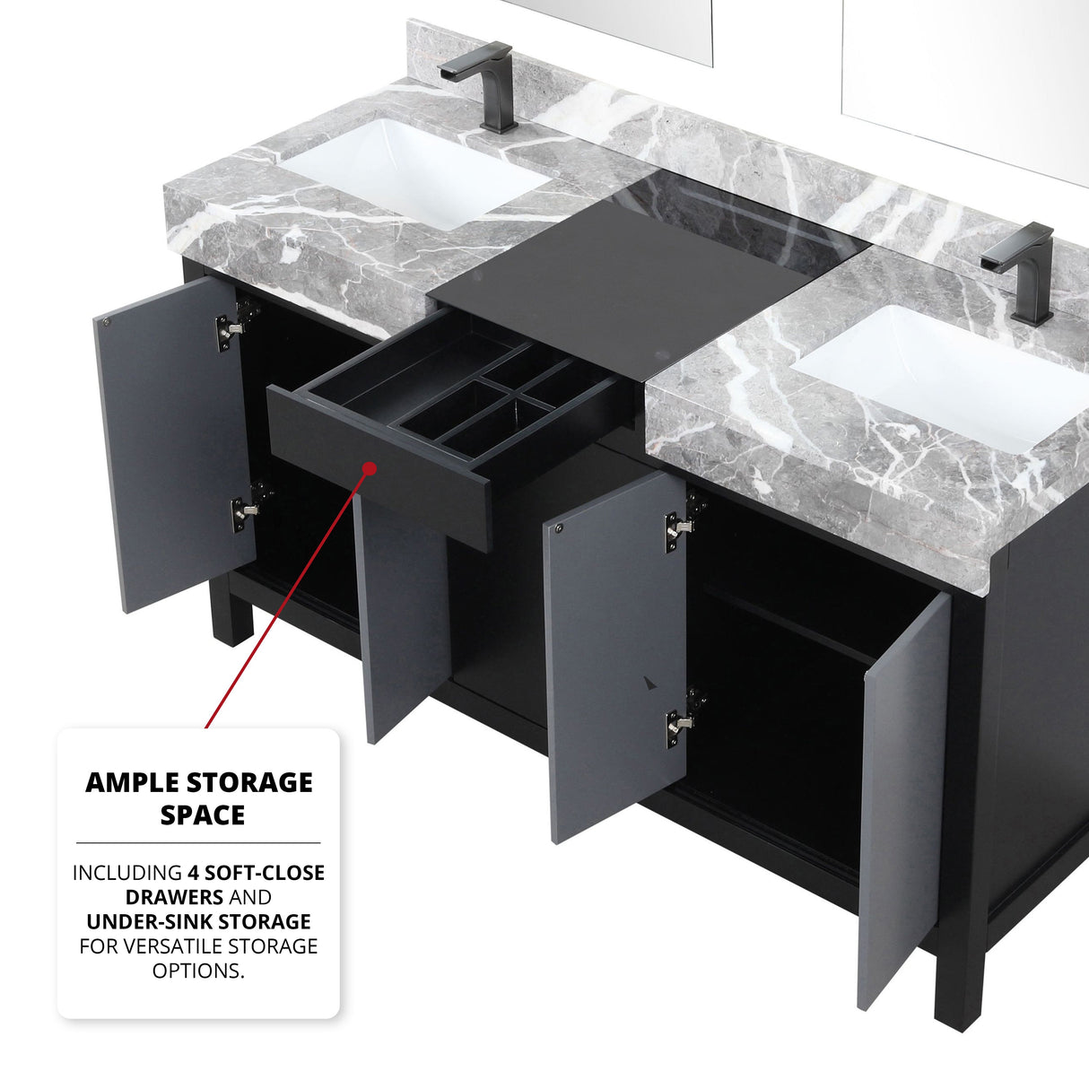 Zilara Black and Grey Freestanding Bathroom Vanity With Castle Grey Marble Tops, White Square Sinks, and Balzani Gun Metal Faucet Set
