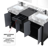 Zilara Black and Grey Freestanding Bathroom Vanity With Castle Grey Marble Tops, White Square Sinks, and Balzani Gun Metal Faucet Set