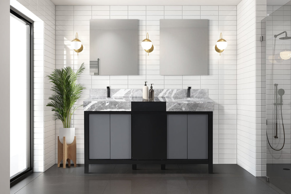 Zilara Black and Grey Freestanding Bathroom Vanity With Castle Grey Marble Tops, White Square Sinks, and Balzani Gun Metal Faucet Set