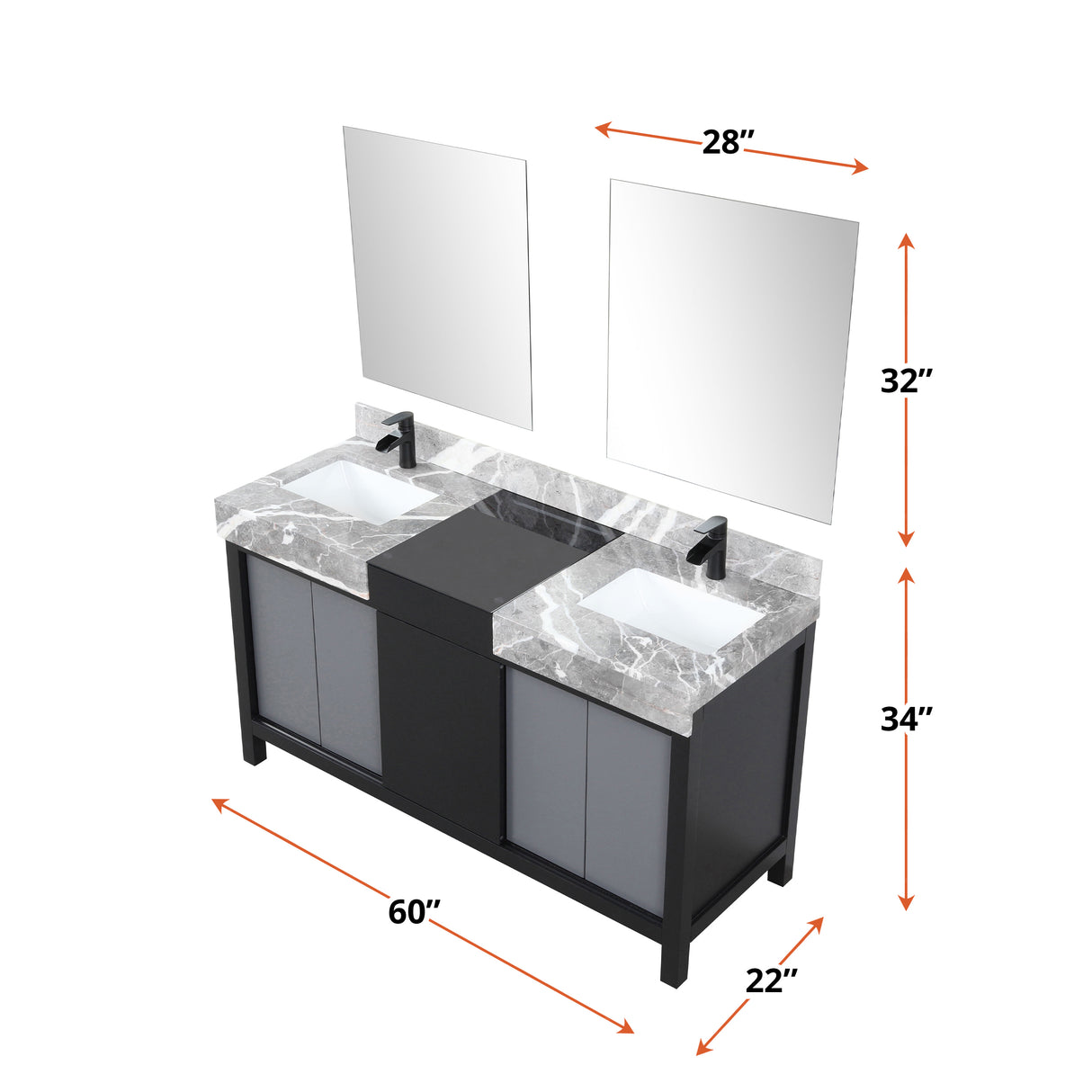 Zilara 60" Black and Grey Double Vanity, Castle Grey Marble Tops, White Square Sinks, Cascata Nera Matte Black Faucet Set, and 28" Frameless Mirrors