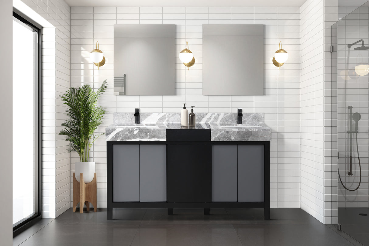 Zilara 60" Black and Grey Double Vanity, Castle Grey Marble Tops, White Square Sinks, and 28" Frameless Mirrors