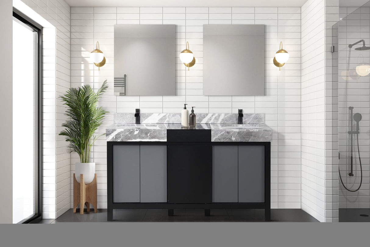 Zilara Black and Grey Freestanding Bathroom Vanity With Castle Grey Marble Tops, White Square Sinks, and Cascata Nera Matte Black Faucet Set