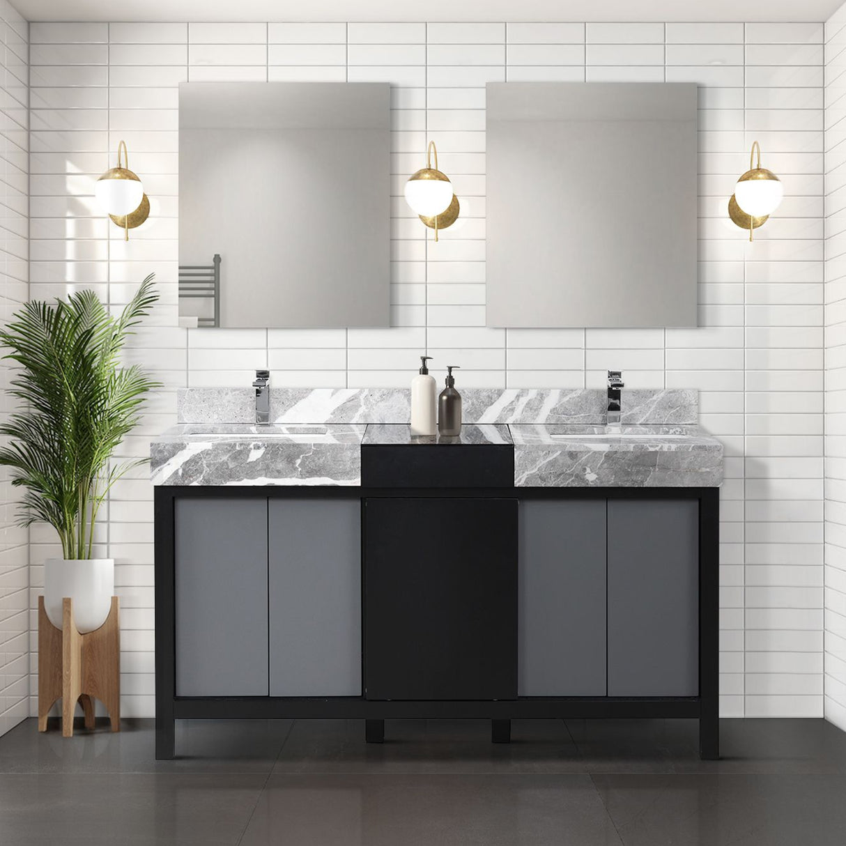 Zilara 60 in. Black and Grey  Freestanding Bathroom Vanity With Castle Grey Marble Tops, White Square Sinks, and Monte Chrome Faucet Set