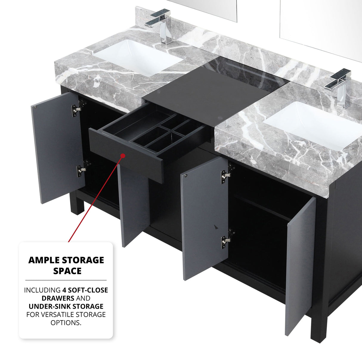 Zilara Black and Grey Freestanding Bathroom Vanity With Castle Grey Marble Tops, White Square Sinks, and Monte Chrome Faucet Set