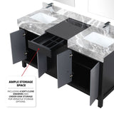 Zilara Black and Grey Freestanding Bathroom Vanity With Castle Grey Marble Tops, White Square Sinks, and Monte Chrome Faucet Set