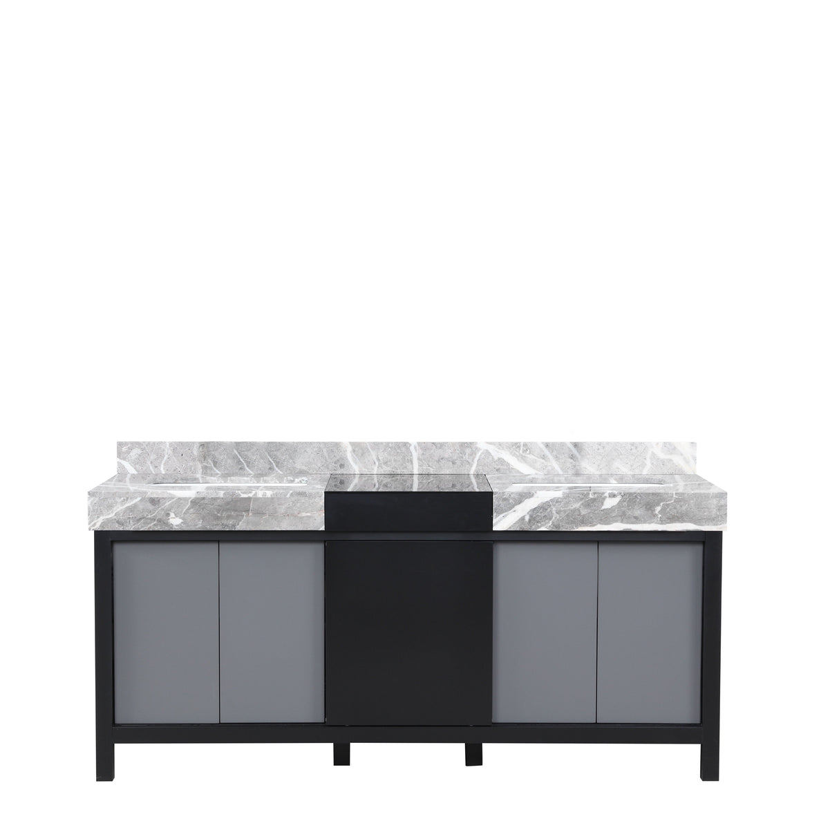 Zilara Black and Grey Freestanding Bathroom Vanity With Castle Grey Marble Tops, and White Square Sinks