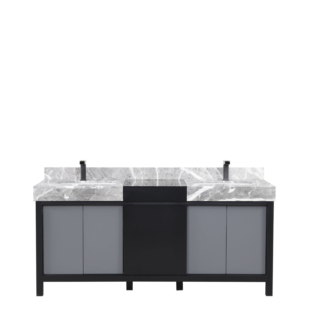Zilara Black and Grey Freestanding Bathroom Vanity With Castle Grey Marble Tops, White Square Sinks, and Balzani Gun Metal Faucet Set