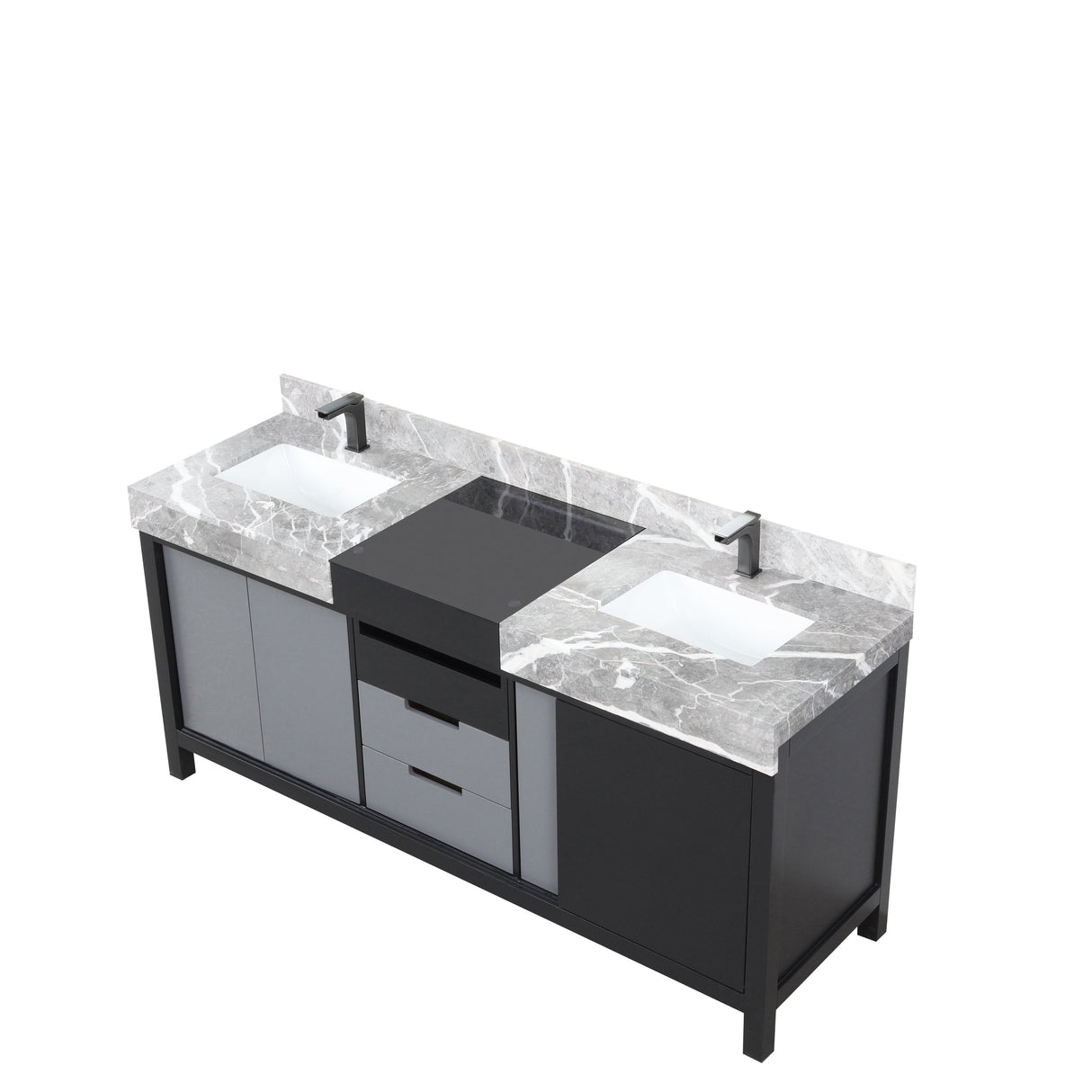 Zilara Black and Grey Freestanding Bathroom Vanity With Castle Grey Marble Tops, White Square Sinks, and Balzani Gun Metal Faucet Set