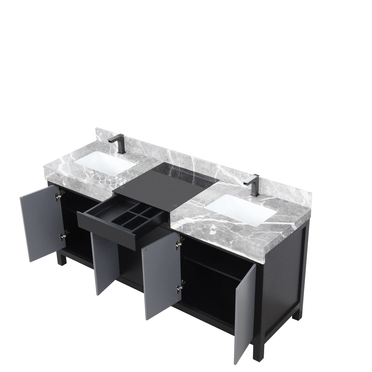 Zilara Black and Grey Freestanding Bathroom Vanity With Castle Grey Marble Tops, White Square Sinks, and Balzani Gun Metal Faucet Set