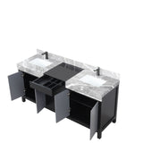 Zilara Black and Grey Freestanding Bathroom Vanity With Castle Grey Marble Tops, White Square Sinks, and Balzani Gun Metal Faucet Set