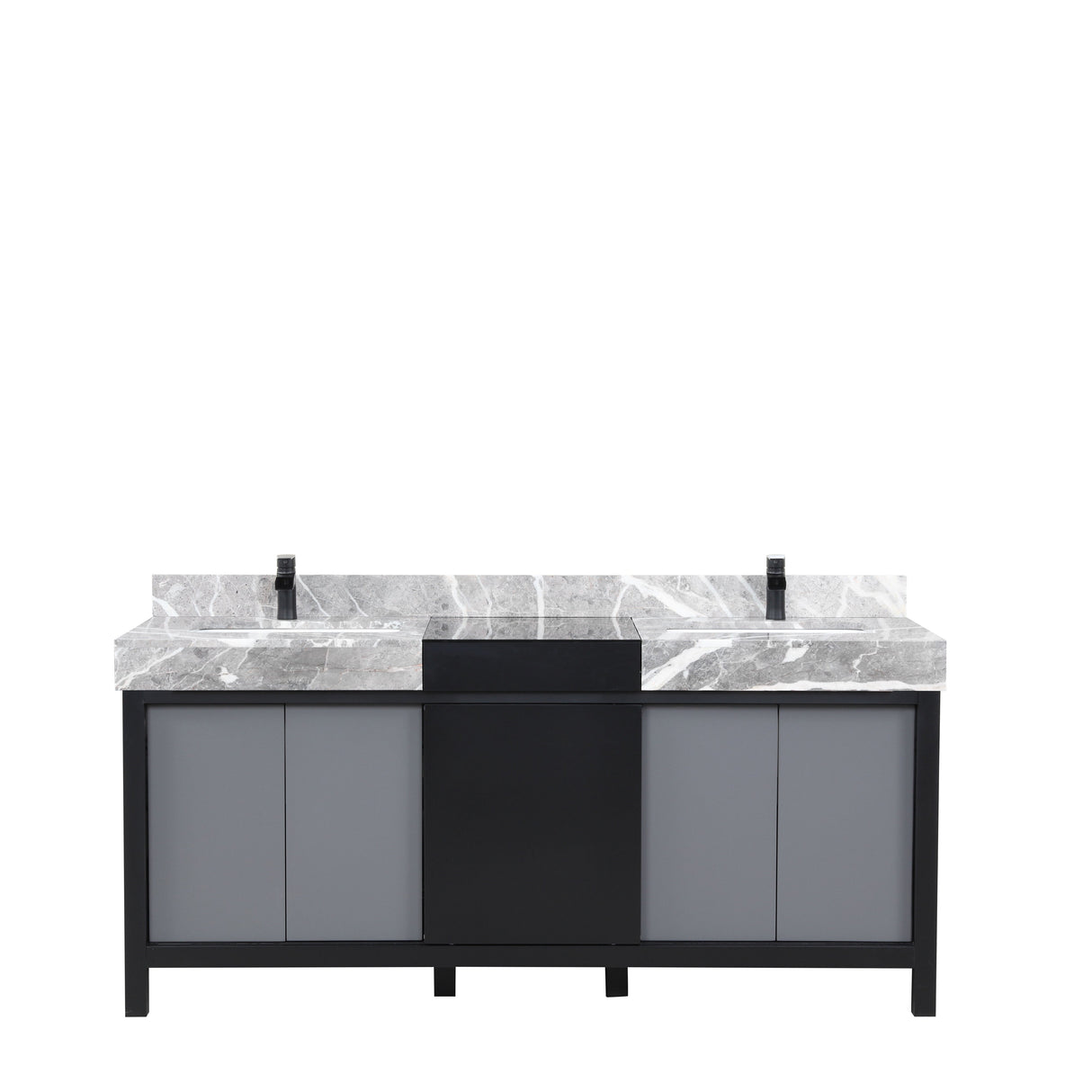 Zilara Black and Grey Freestanding Bathroom Vanity With Castle Grey Marble Tops, White Square Sinks, and Cascata Nera Matte Black Faucet Set