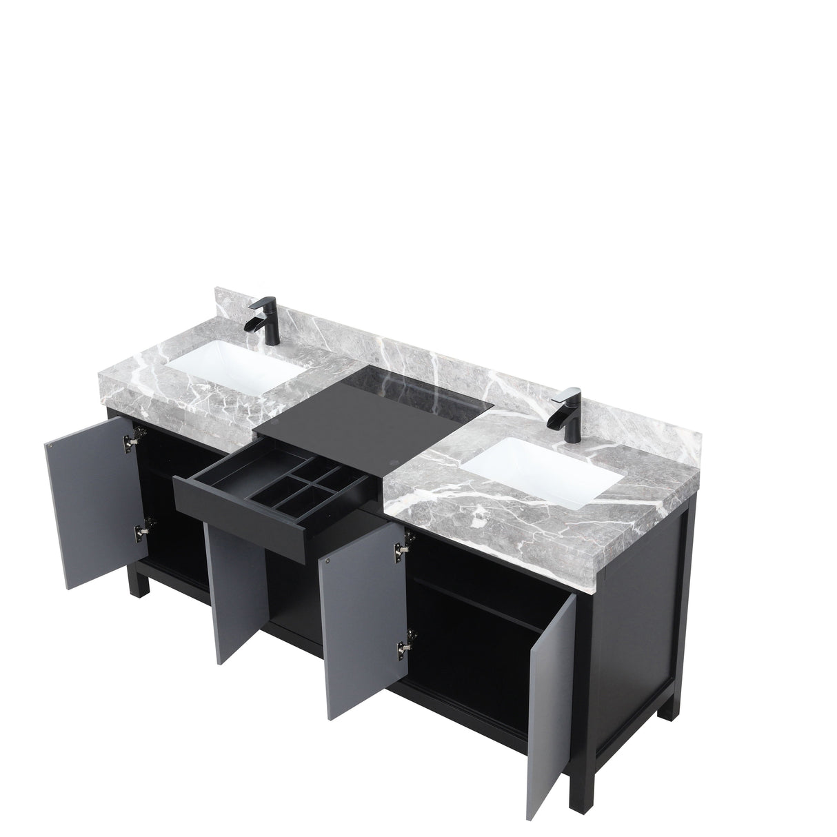 Zilara Black and Grey Freestanding Bathroom Vanity With Castle Grey Marble Tops, White Square Sinks, and Cascata Nera Matte Black Faucet Set