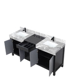 Zilara Black and Grey Freestanding Bathroom Vanity With Castle Grey Marble Tops, White Square Sinks, and Cascata Nera Matte Black Faucet Set