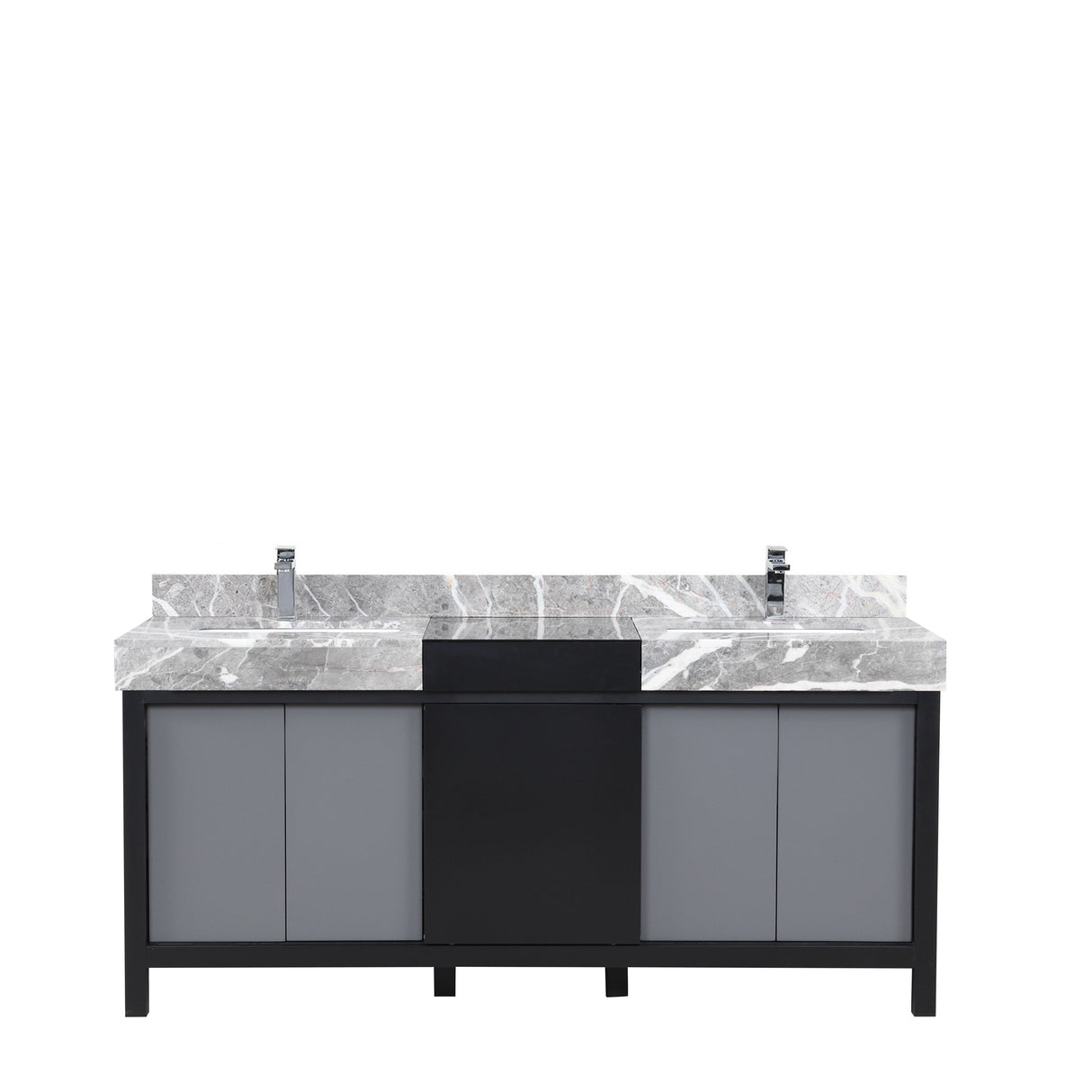 Zilara Black and Grey Freestanding Bathroom Vanity With Castle Grey Marble Tops, White Square Sinks, and Monte Chrome Faucet Set