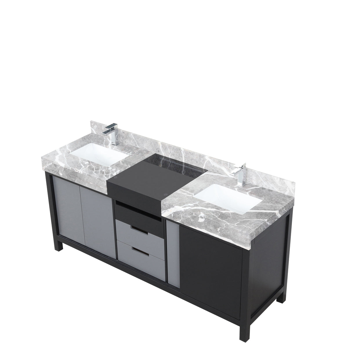 Zilara Black and Grey Freestanding Bathroom Vanity With Castle Grey Marble Tops, White Square Sinks, and Monte Chrome Faucet Set